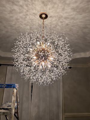 Beautiful Chandelier! Time consuming to put together, but absolutely worth it! Be careful not to tangle the wires together.