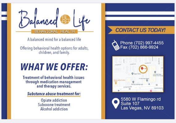 We offer treatment for behavioral health and substance abuse disorders.