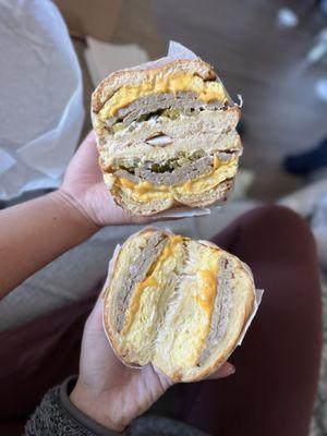 Top: #4 (sausage, egg, cheese, and jalapeños on everything bagel)  Bottom: #3 (sausage, egg, and cheese on croissant)