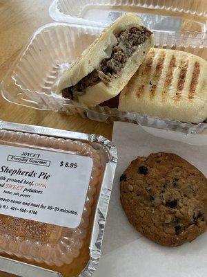 Today's haul. Sweet potato topped beef shepherds pie; a shaved steak panini; an oatmeal raisin cookie