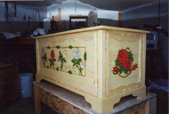 Solid pine chest with decorative wood scrollwork