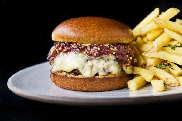 Raclette Burger, Onion Jam, Fries