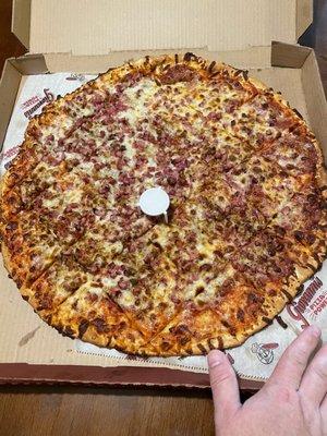 XL, 18" 3-topping with sausage(half), pepperoni, ham, and bacon (half)