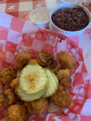 Nuggets, baked beans.