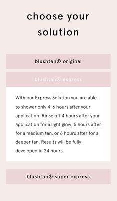 BlushTan Express solution option. Available for full body, partial body or face only.