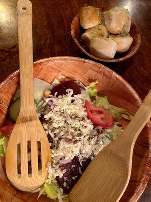 Salad and garlic rolls