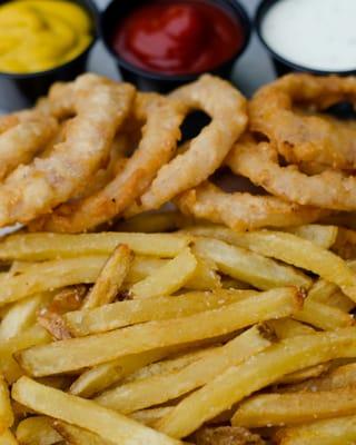 Crispy red onion rings and Fries