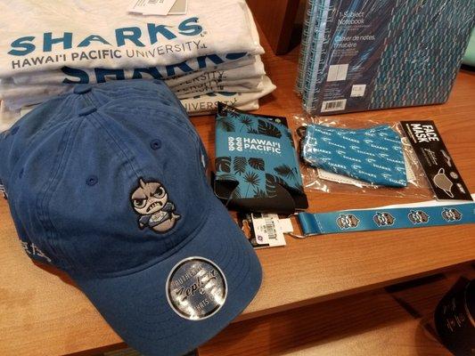 Sharks' cap, koozie, face mask, lanyard, etc