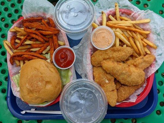 Hot and Crunchy Fish Sandwich w/mixed fries and Adult Chicken Tender Basket