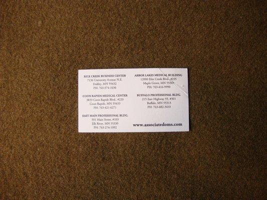 Back of business card, list of all 5 locations.