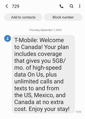 A text message from T-Mobile as we crossed into Canada