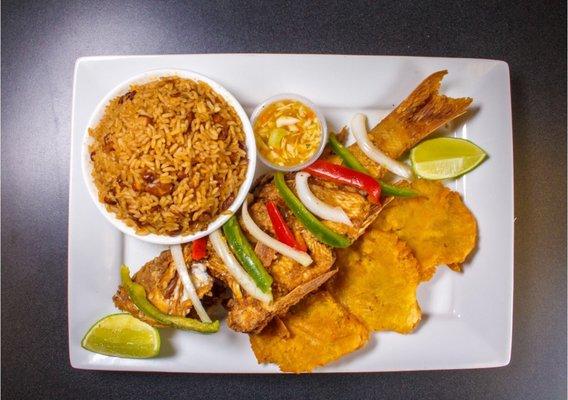 Fried fish plantain  rice and beans