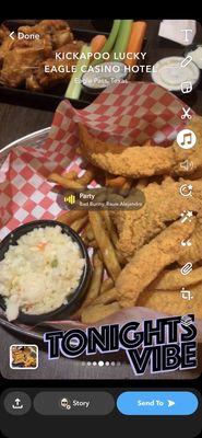 Fried fish, fries and coleslaw and wings