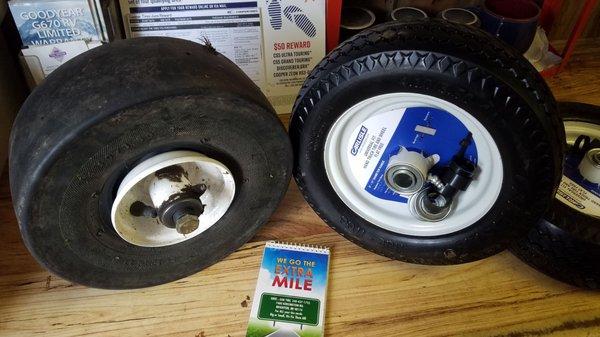 Two new wheels and tires for my zero turn lawn mower that will NEVER go flat.