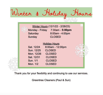 Winter & Holiday Hours

Please notice our changes for the Winter and upcoming Holidays.