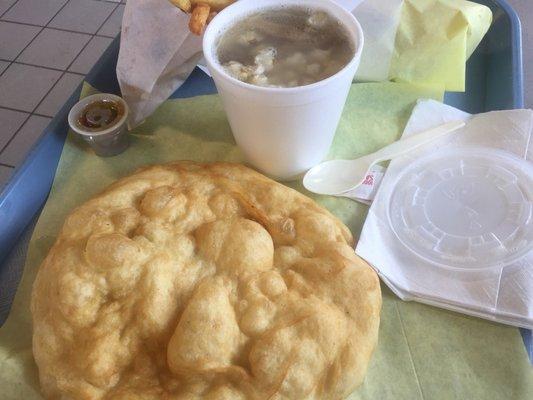 Mutton stew and frybread.