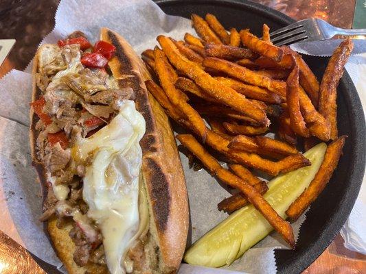 Philly cheesesteak and sweet potato fries! Yummy