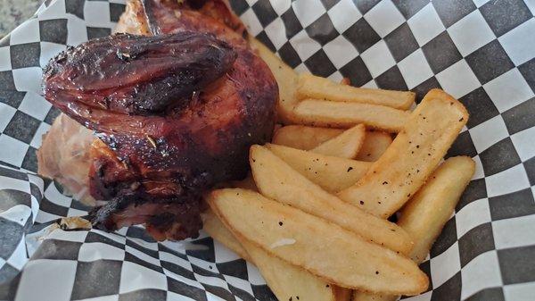 1/4 rotisserie chicken with rice and fries