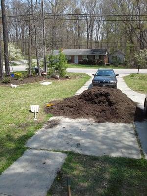 Here's what eight cubic yards of mulch looks like after about an hour of work.