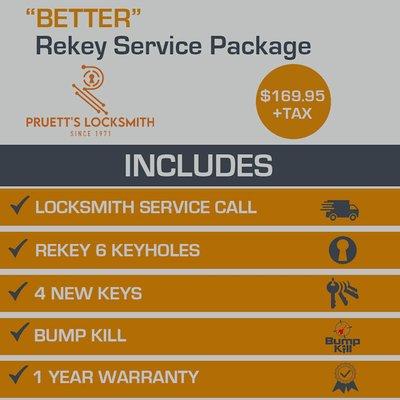 Our upgraded residential rekey service package is all inclusive of the trip charge, rekeying of up to 6 keyholes, 4 new key copies