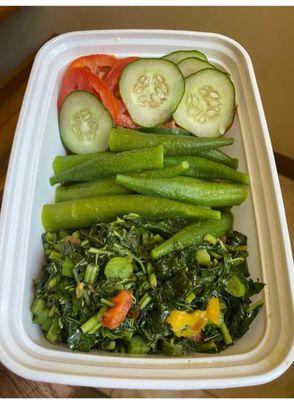 Veggies Plate 
Greens ( Calaloo ) , Okras and Cucumber Salad.