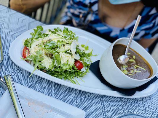 Black bean & mushroom soup and salad for lunch