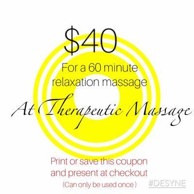 Print or save this coupon for a $40 relaxation massage