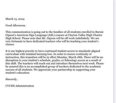 Letter admin sent out regarding Mr. Gipson