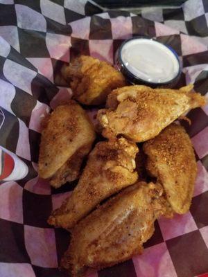 Fried wings, no breader then tossed in choice of tangy n sweet which I liked and other flavors.