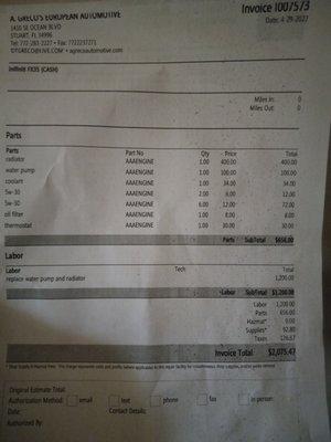 Repair bill from the honest shop.