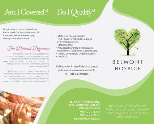 Outer cover of Belmont Hospice trifold brochure