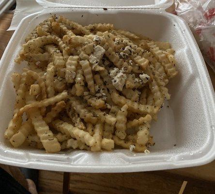 Greek fries to go. Tasty AF