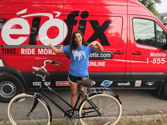 Natalie is super excited about her new Brooklyn Bicycle Co. bike!