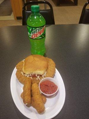 Breaded tenderloin with pizza sauce and cheese + mozzarella sticks