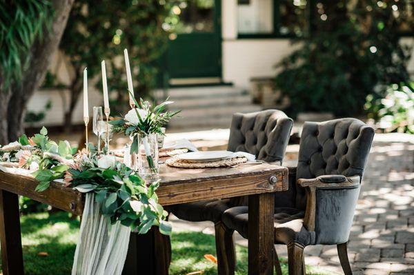 Pueblo Table, Charcoal Velvet Arm Chair