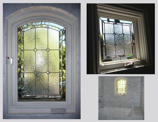 Set of clear textured leaded glass windows for residential bathroom. artwks.com