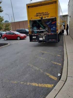 Delivery truck with stuff just tossed around in there. Our stuff was intermingled with someone else's stuff.