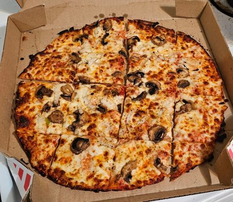 Thin crust pizza with onions and mushrooms.