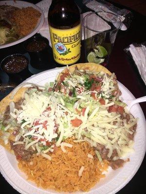 Tostadas 2x Combi Plate with 1x cerveza $9.00. Sabroso!