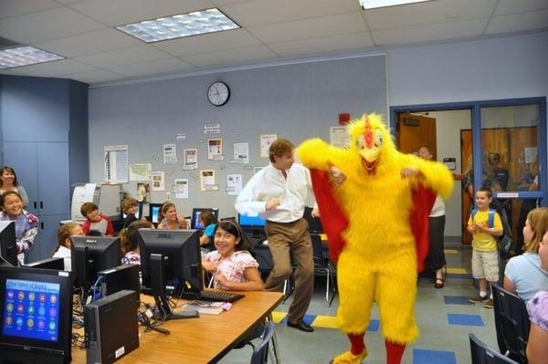 Chuck the Chicken fabulously entertains 33 kids, one amazing teacher, parents and faculty.