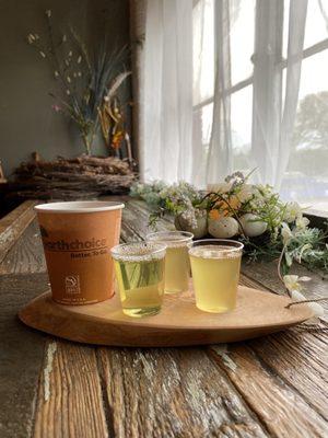 Mead flight with a hot tea/mead blend.