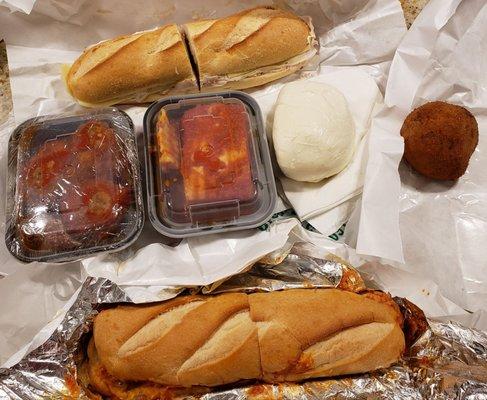 Turkey & swiss sandwich, meatballs, lasagna, fresh mozarella, rice ball and meatball parmigiana