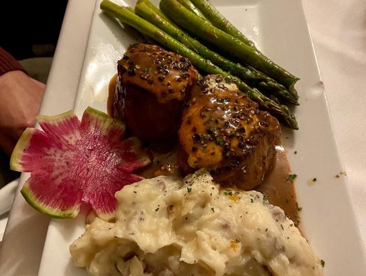 Steak with peppercorn and horseradish sauce, and those potatoes, were absolutely delicious.