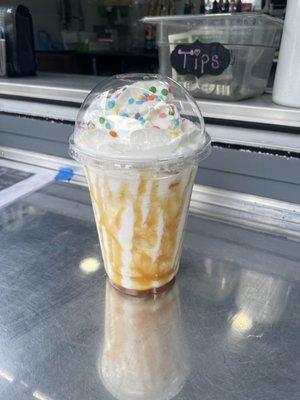 Vanilla Birthday cake frap with caramel sauce