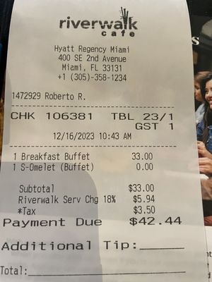 Receipt for breakfast buffet