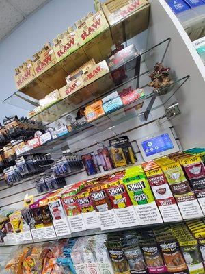 We have a wide variety of cigarettes cigars and rolling paper.