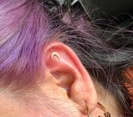 Flat piercing done by Mia with hammered gold crescent moon