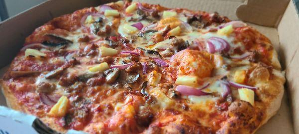 Sausage, onions,  mushrooms and pineapple