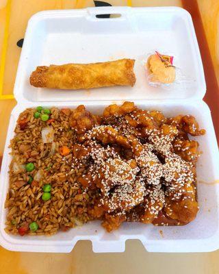 Sesame Chicken, Pork fried Rice, and a yummy Egg roll! And a Fortune Cookie, of course!