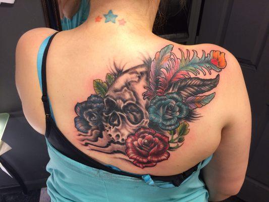 Custom back coverup, skull, flowers, and feathers